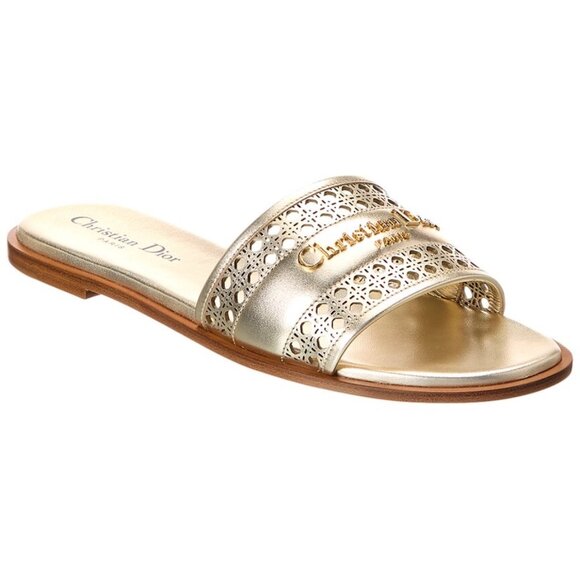 DIOR DLANE D-LANE Micro Cannage Metallic Leather Flat Slide Mules Sandals - Picture 1 of 16
